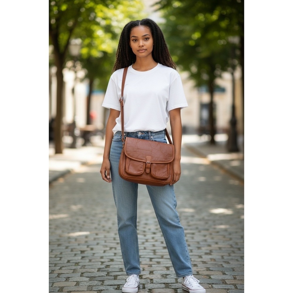 Genuine Leather Patchwork Messenger Bag Brown Crossbody Satchel Multi-Pocket NEW